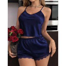 Aria's Closet Arias Closet Lacivert Ince Askılı Dantel Işlemeli Saten Şortlu Takım