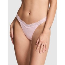 Pink Dantel Detaylı Pamuklu Tanga - Dantelli Kırçıllı Pembe