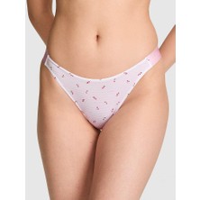 Pink Logolu Pamuklu Derin Bacak Kesim Tanga - Pembe Beyaz Lale Baskılı