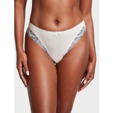Victoria's Secret Dantelli Esnek Pamuklu Derin Bacak Kesim Scoop Tanga - Hindistan Cevizi Beyazı ve Soluk Denim