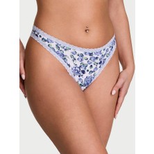 Lace Tri̇m Esnek Pamuklu Dantel Belli Tanga - Mavi Güllü
