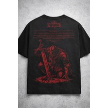 Yolo Street Oversize Siyah Tişört Kırmızı Şövalye Baskılı %100 Pamuk Unisex Streetwear