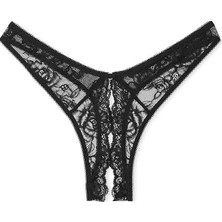 Very Sexy Gül Dantelli Derin Bacak Kesim Crotchless Tanga - (Tek Renk)