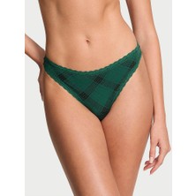 Lace Trim Esnek Pamuklu Dantel Belli Tanga - Koyu Yeşil Ekoseli