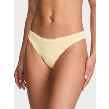Lace Trim Esnek Pamuklu Dantel Belli Tanga - (Tek Renk)