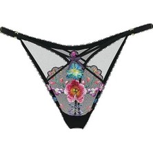 Very Sexy Çiçek Işlemeli Derin Bacak Kesimli Ayarlanabilir Tanga - (Tek Renk)