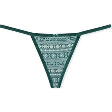 Pink Kadife Kenarlı Pamuklu V-String Külot - Baskılı Koyu Yeşil