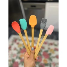 Kaia Life 5&amp;#39;li Renkli Ahşap Saplı  Uçlu Spatula Fırçalı Kaşık Seti -Yemek Hazırlık Seti 21 cm