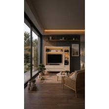 Furnox Kahve Köşeli Tv Ünitesi Çok Amaçlı Salon ve Mutfak Dolabı Led’li