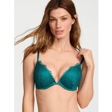 Very Sexy Bombshell Iki Beden Büyük Gösteren Gül Dantelli Push-Up Sütyen - Koyu Turkuaz