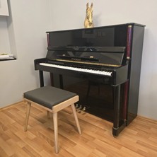 Hasağaç Antrasit Deri Minderli Doğal Açık Ahşap Konik Ayaklı Modern Piyano Taburesi 56X34X48 cm