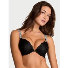 Very Sexy Bombshell Iki Beden Büyük Gösteren Işıltılı Askılı Dantelli Push-Up Sütyen - (Tek Renk)