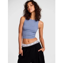 Pink Yumuşak Seamless Halter Yaka Crop - Logolu Dumanlı Mavi