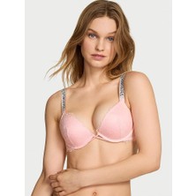 Very Sexy Işıltılı Askılı Dantelli Push-Up Sütyen - Melek Pembesi