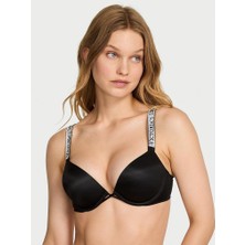 Very Sexy Bombshell Işıltılı Askılı 2 Beden Büyük Gösteren Push-Up Sütyen - Siyah
