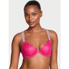 Very Sexy Işıltılı Askılı Dantelli Hafif Dolgu Destekli Dekolteli Demi Sütyen - Sıcak Pembe