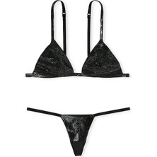 Very Sexy Işıltılı Üçgen Bralet ve V-String Külot Takımı - Siyah