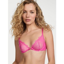 Very Sexy Gül Dantelli Desteksiz Dekolteli Demi Sütyen - Ultra Pembe