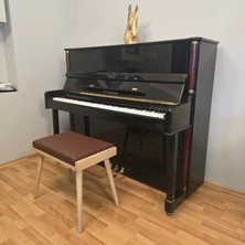 Hasağaç Bordo Deri Natural Masif Ahşap Konik Ayaklı Modern Piyano Taburesi 56X34X48 cm