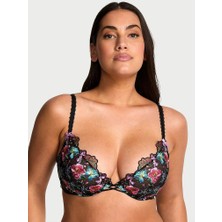Very Sexy Çiçek Işlemeli Desteksiz Dekolteli Demi Sütyen - Siyah Çiçekli