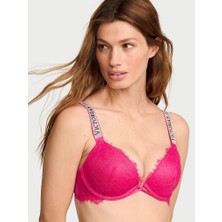 Very Sexy Işıltılı Askılı Dantelli Push-Up Sütyen - Sıcak Pembe
