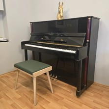 Hasağaç Yeşil Deri Minderli Doğal Ahşap Konik Ayaklı Modern Piyano Taburesi