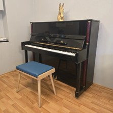 Hasağaç Mavi Deri Döşemeli Doğal Açık Renk Ahşap Konik Ayaklı Piyano Taburesi 56X34X48 cm