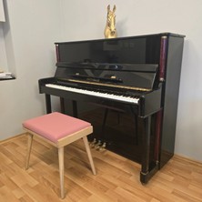 Hasağaç Pembe Deri Döşemeli Konik Ayaklı Doğal Ahşap Piyano Taburesi 56X34X48 cm
