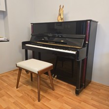 Hasağaç Krem Deri Açık Ceviz Ahşap Konik Ayaklı Modern Piyano Taburesi 56X34X48 cm