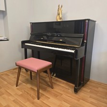 Hasağaç Pembe Deri Açık Ceviz Ahşap Konik Ayaklı Modern Piyano Taburesi 56X34X48CM