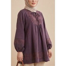 Moda Morfo Yakası Bağlamalı Kolu Lastikli Garnili Modal Tunik  -Mürdüm