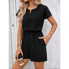 Alyn Wear Kadın Kısa Kollu V Yakalı Beli Lastikli Kısa Ithal Krep Tulum