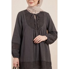 Moda Morfo Yakası Bağlamalı Kolu Lastikli Garnili Modal Tunik  -K. Kahve