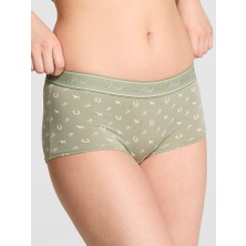 Pink Logolu Pamuklu Boyshort Külot - Baskılı Yağ Yeşili