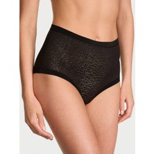 No-Show Lazer Kesim Leopar Dantelli Brief Külot - Siyah