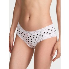 Lace Trim Dantelli Cheeky Külot - Siyah Beyaz Puantiyeli