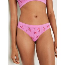 Pink Yumuşak Seamless Pointelle Tanga Külot - Pembe Çiçek Çiçekli
