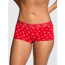 Pink Logolu Pamuklu Boyshort Külot - Kırmızı Kiraz Baskılı