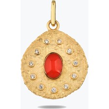 Goldium Jewellery Kırmızı Taşlı Asimetrik Madalyon Kolye Charm