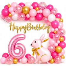 Bkmc Party Pembe Tavşan Doğum Günü Seti 1-9 Yaş – Gold Balon Zinciri Happy Birthday Banner Parti Konsepti