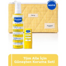 Mustela Tüm Aile Için Spf 50 Güneşten Koruma Seti 200 ml Sprey ve 9 ml Stick - Makyaj Çantası Hediyeli