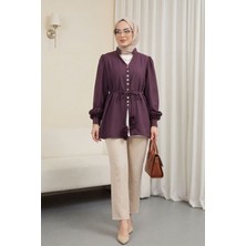 Moda Morfo V Yaka Kolu Çiçekli Düğmeli Bağcıklı Modal Gömlek -Mürdüm