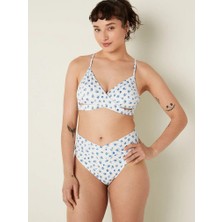 Pink V Çapraz Geçişli Yüksek Bel Bikini Altı - Sabah Gökyüzü Çiçekli