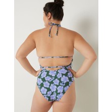 Pink Üçgen Kesim Büzgülü Mayo - Orman Çamı Hibiskusu