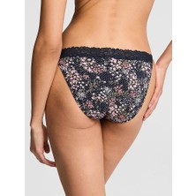 Pink Pamuklu Dantel Kenarlı Bikini Külot - Lacivert Çiçek Baskılı