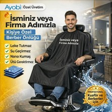 Ayobi Kuaför Berber Önlüğü Penuar Siyah ve Beyaz Renk Kişiye Özel Isim Yazılı Baskılı Önlük Traş Örtüsü