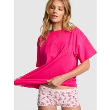 Pink Oversize Kısa Kollu Kampüs Tişört - Fuşya