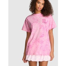 Pink Oversize Kısa Kollu Kampüs Tişört - Pembe Leoparlı