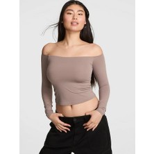 Pink Base Esnek Omuzları Açık Uzun Kollu Üst - Buzlu Kahve
