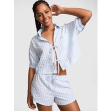 Pink Coastal Cutie Önden Bağlamalı Pijama Üstü - Mavi Çizgili